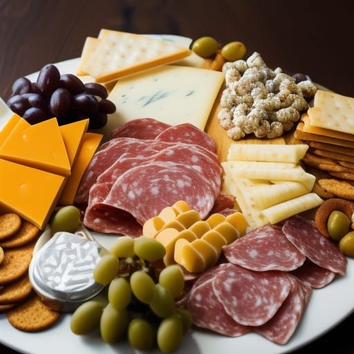 A fancy Charcuterie board with Swiss cheese, Salami, cheddar cheese, grapes, olives, wheat crackers, a cheeseball, salti...