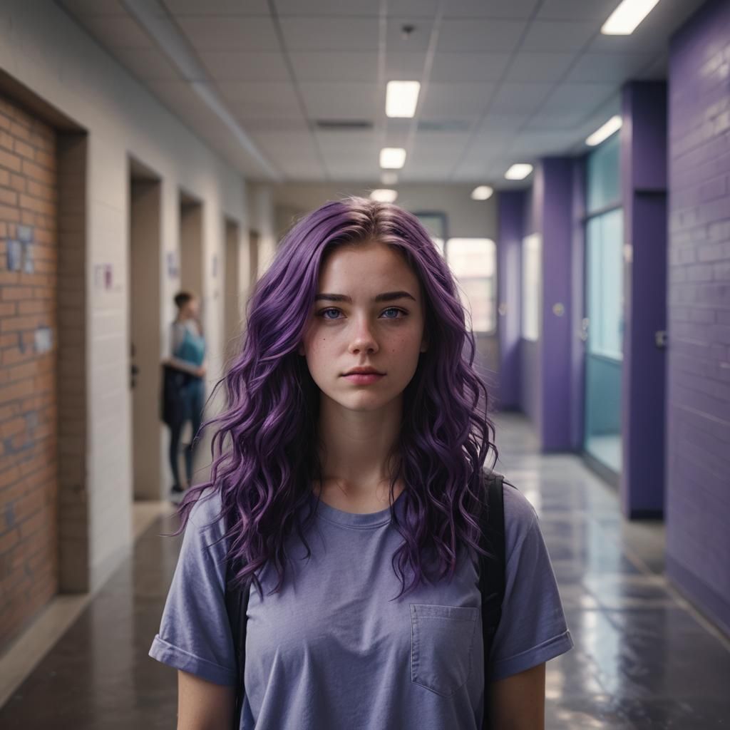 Hyperrealistic Portrait of a Purple-Haired Student