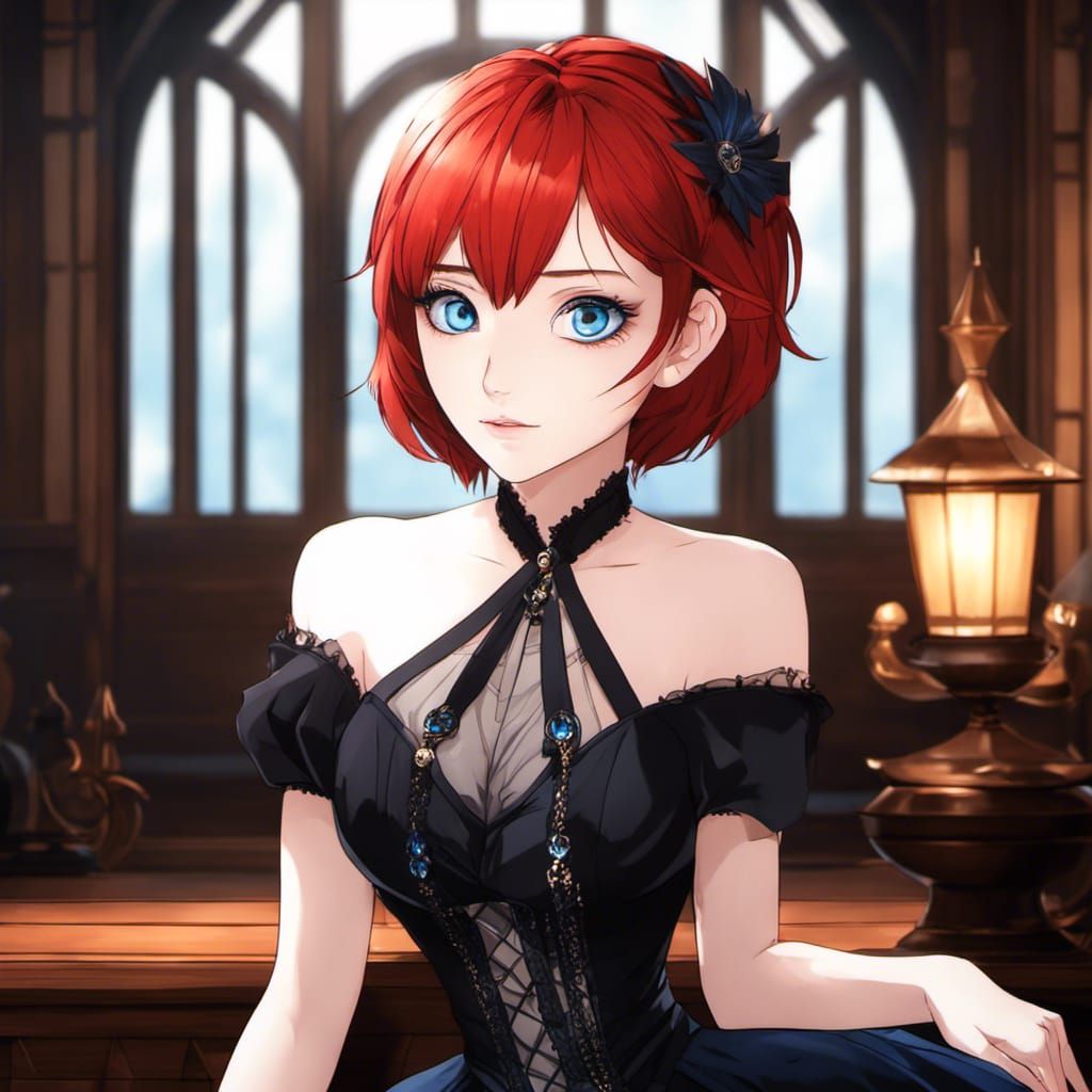 Anime Portrait: Cute Goth Woman with Red Hair