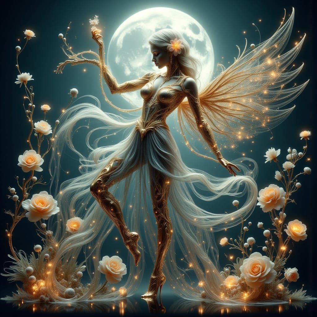 Cyborg Dances in Moonlit Neo-Baroque Garden