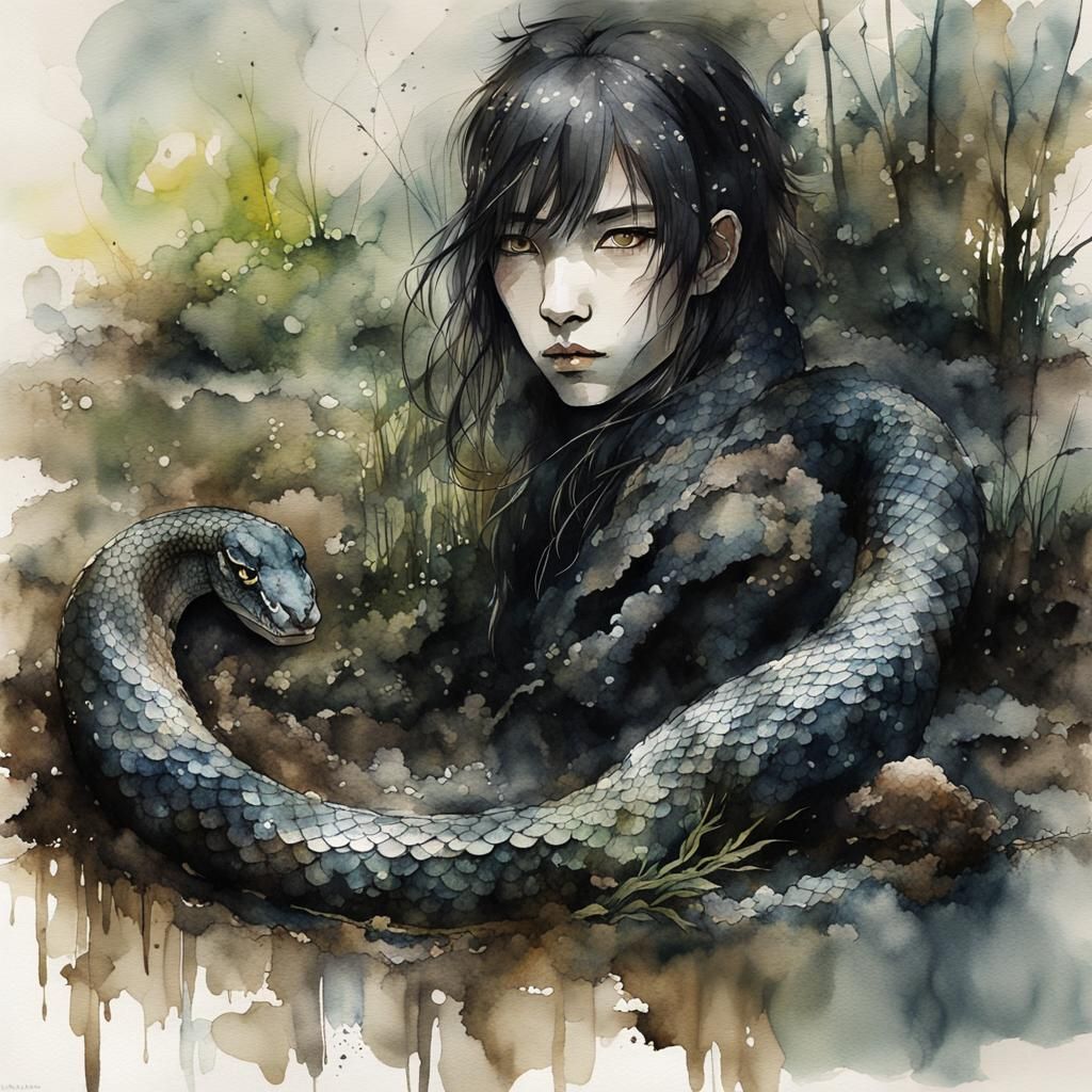 Ethereal Gothic Water Snake in Watercolor