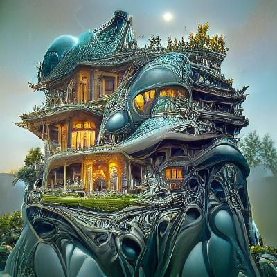 Serene Alien Mansion Architecture in Cel-Shaded Style