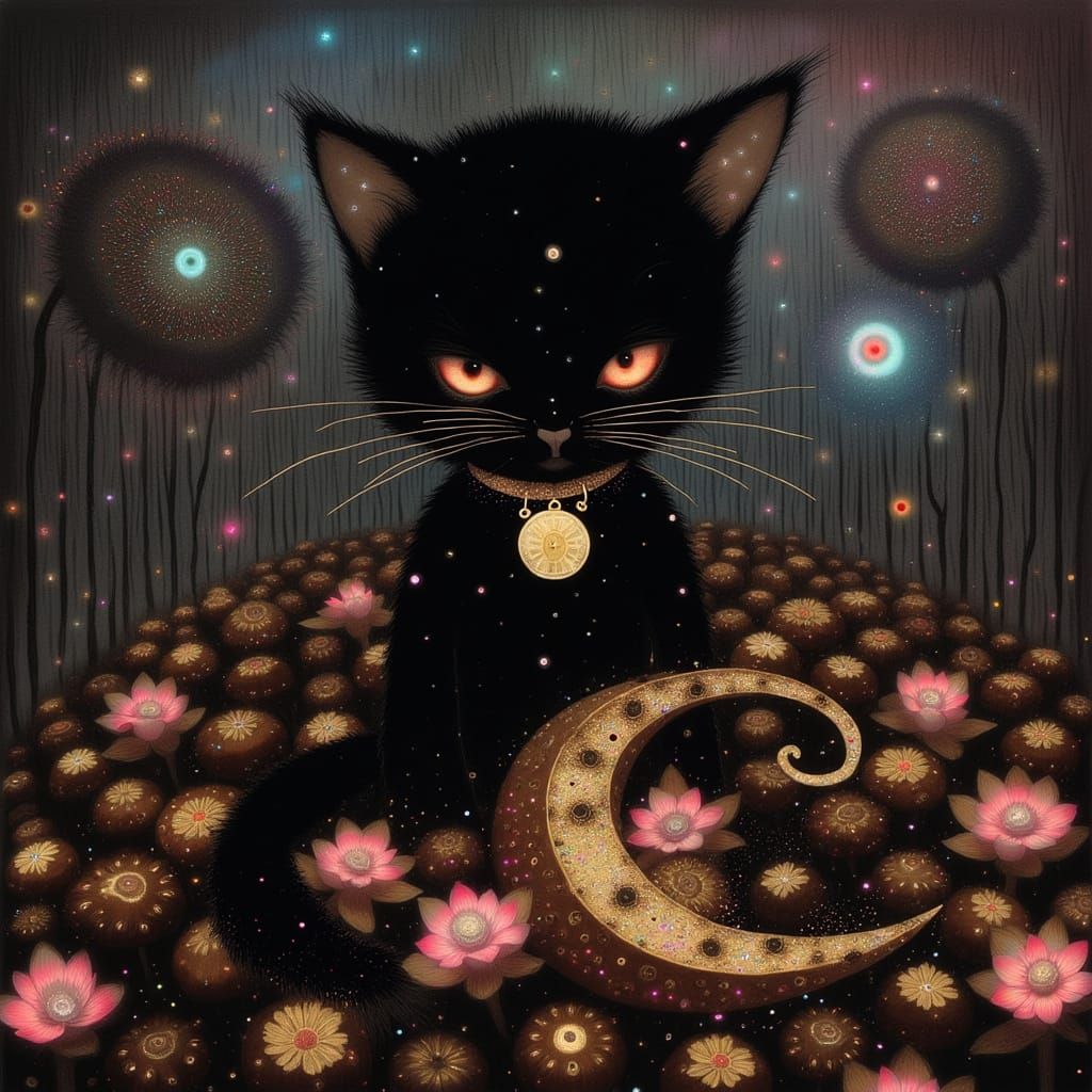 Regal Chocolate Cat Amidst Whimsical Treats and Flowers