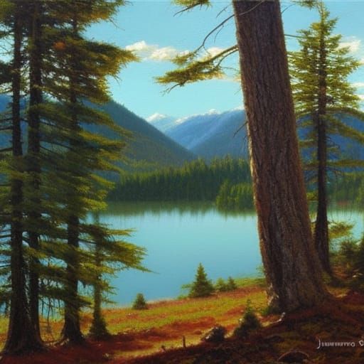 Lakeside Old Growth Forest in Oil Painting Style