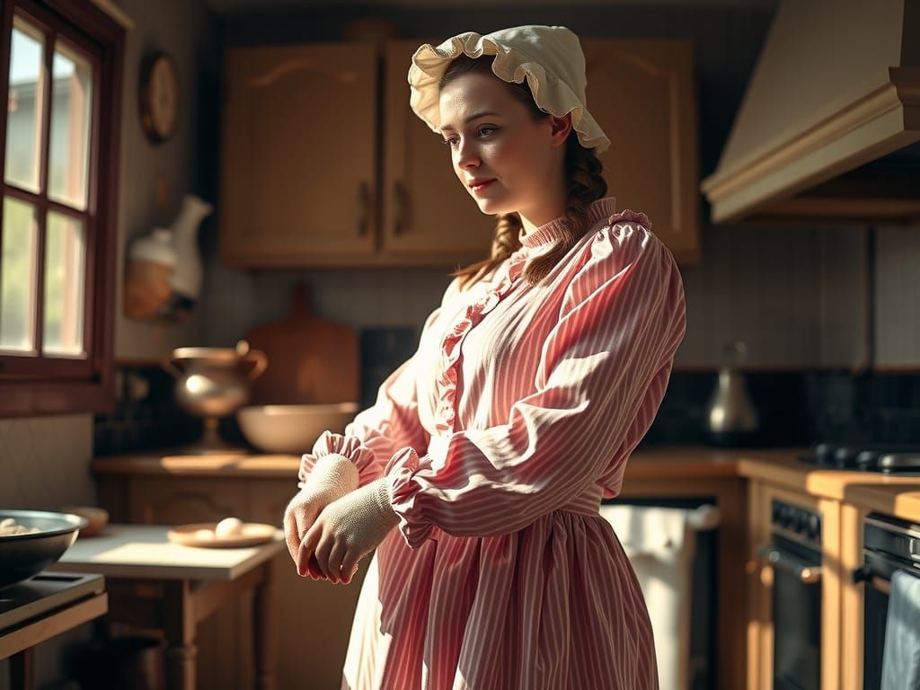 Woman in Traditional Pink Pinstripe Dress in Warm Kitchen