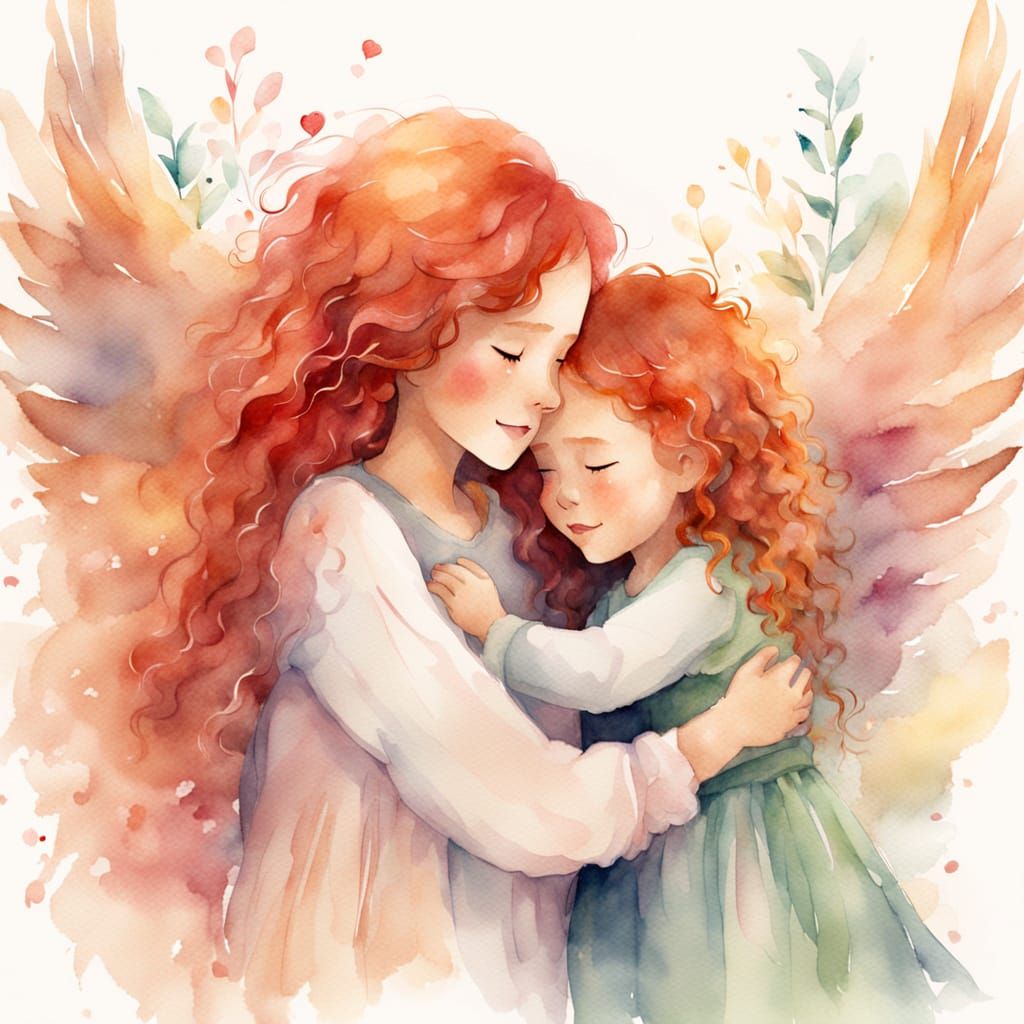 Heartwarming Mother-Daughter Hug in Watercolor Style