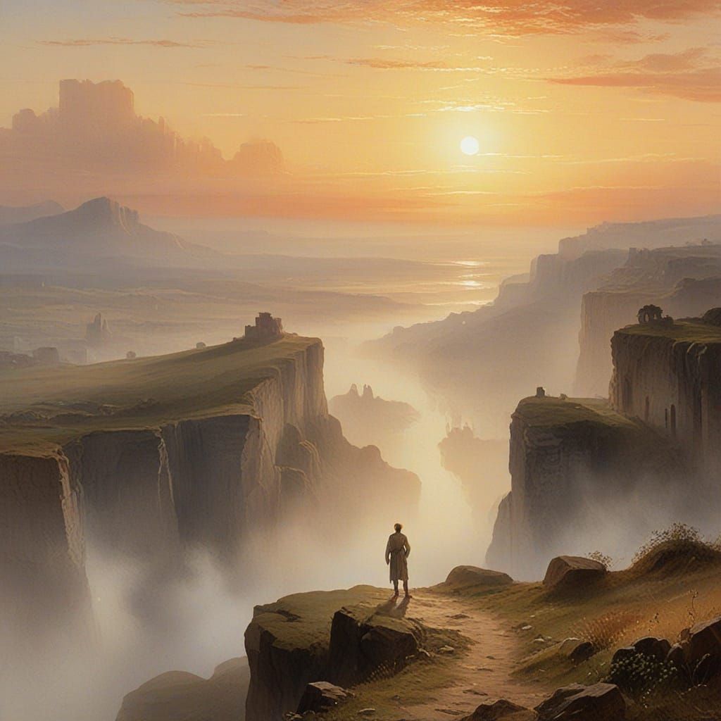 Ethereal Figure Overlooking Misty Valley at Dawn