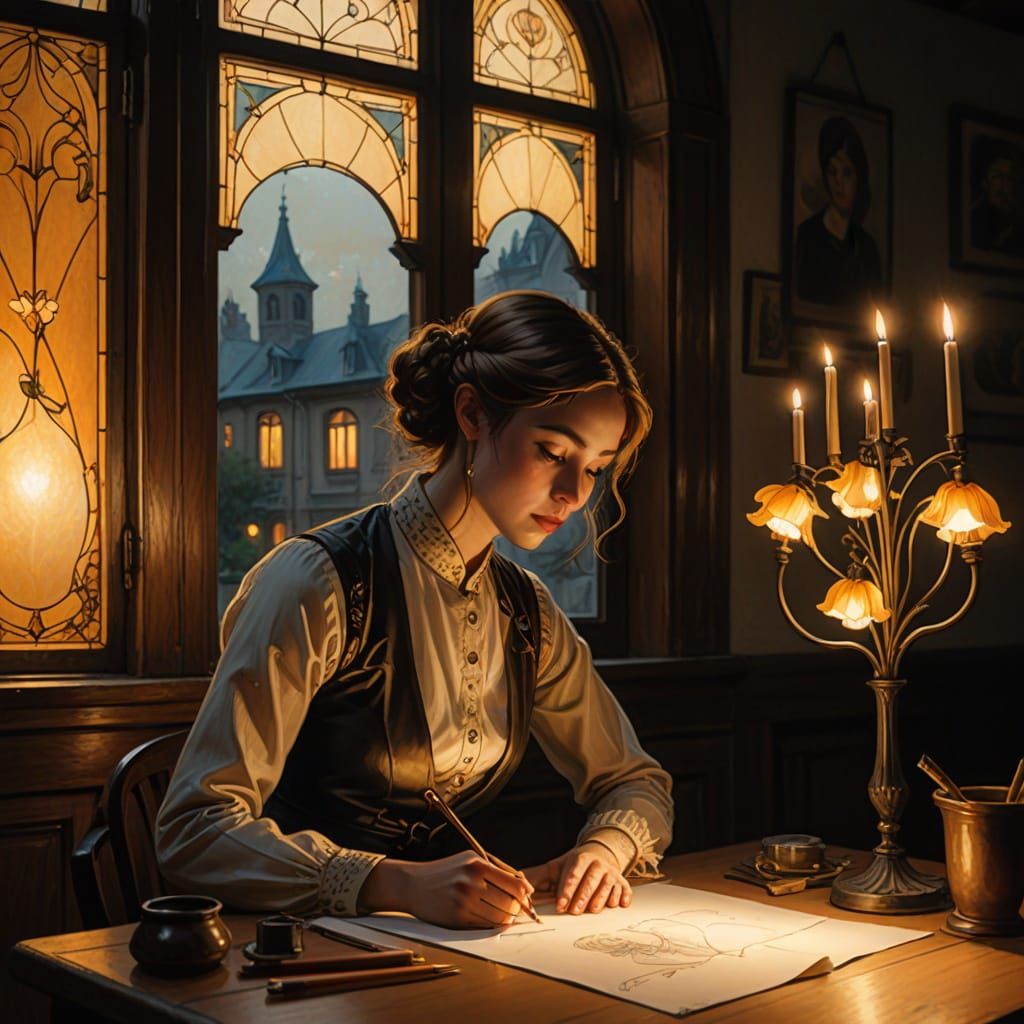 Art Nouveau Artist Sketching in Amber Light