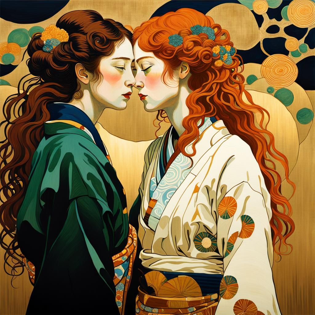 Romantic Scene in Ukiyo-e Gustav Klimt Style