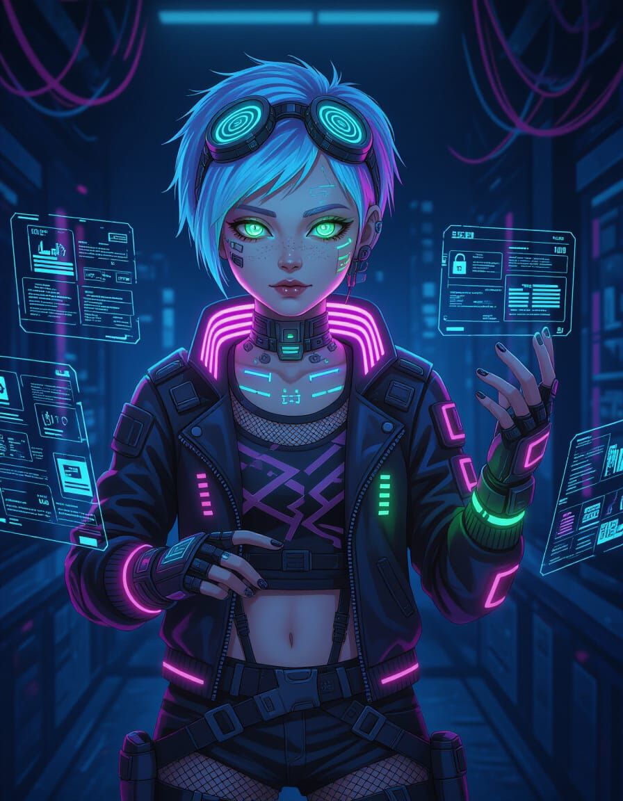 Cyberpunk Hacker Girl with Neon Tattoos and Tech Gear