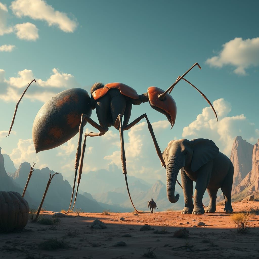 Giant Ant and Tiny Elephant in Surreal Landscape