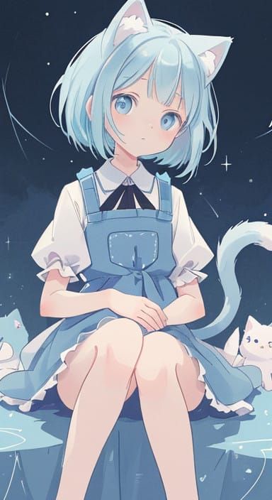 Stunning Anime Girl with Vibrant Blue Hair and Cat Ears