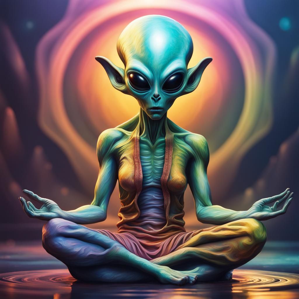 Meditating Alien: Hyperrealistic Splash Art