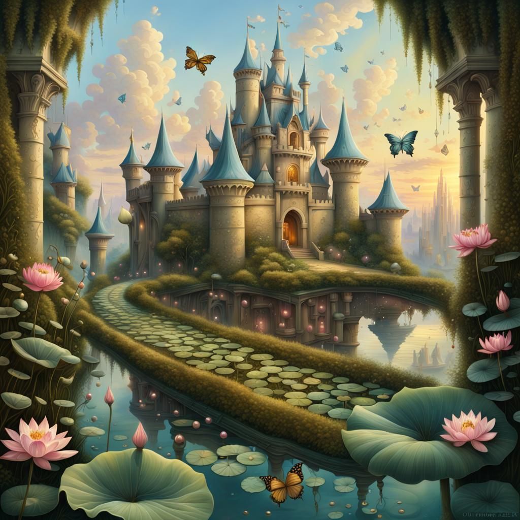 Surreal Fantasy Castle with Lotus Garden