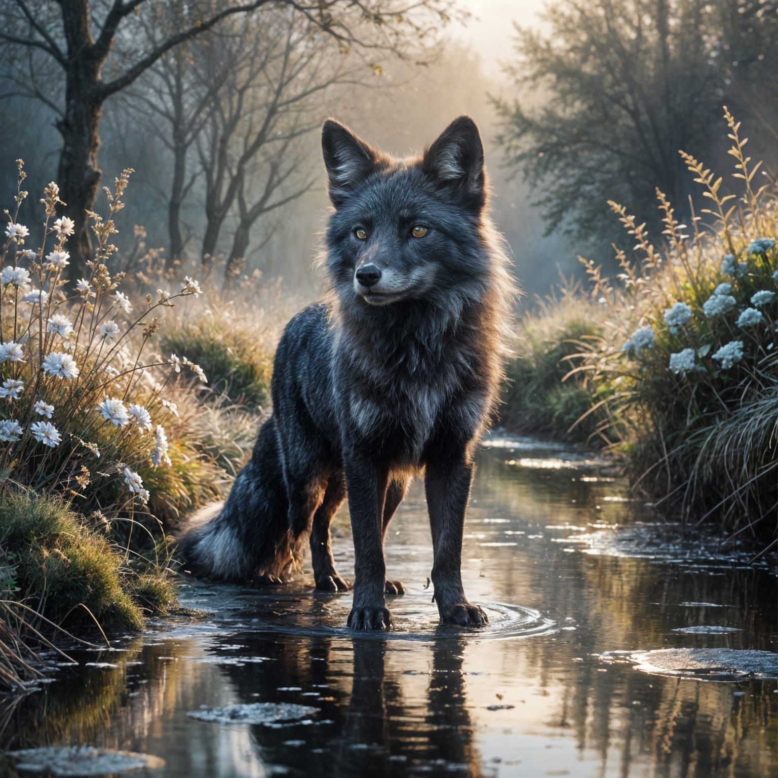 Silver Fox on Misty Canal Path at Dawn
