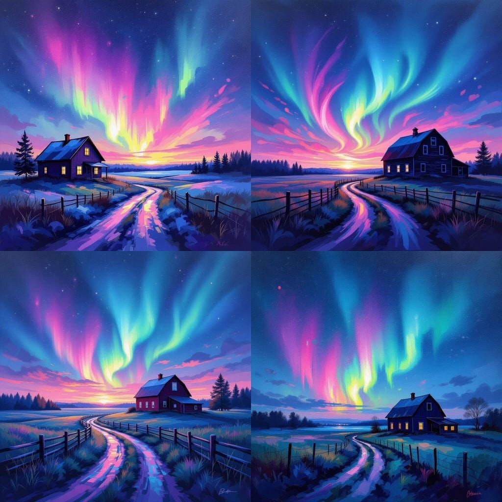Northern Lights Over Wisconsin Farmhouse in Gouache Style