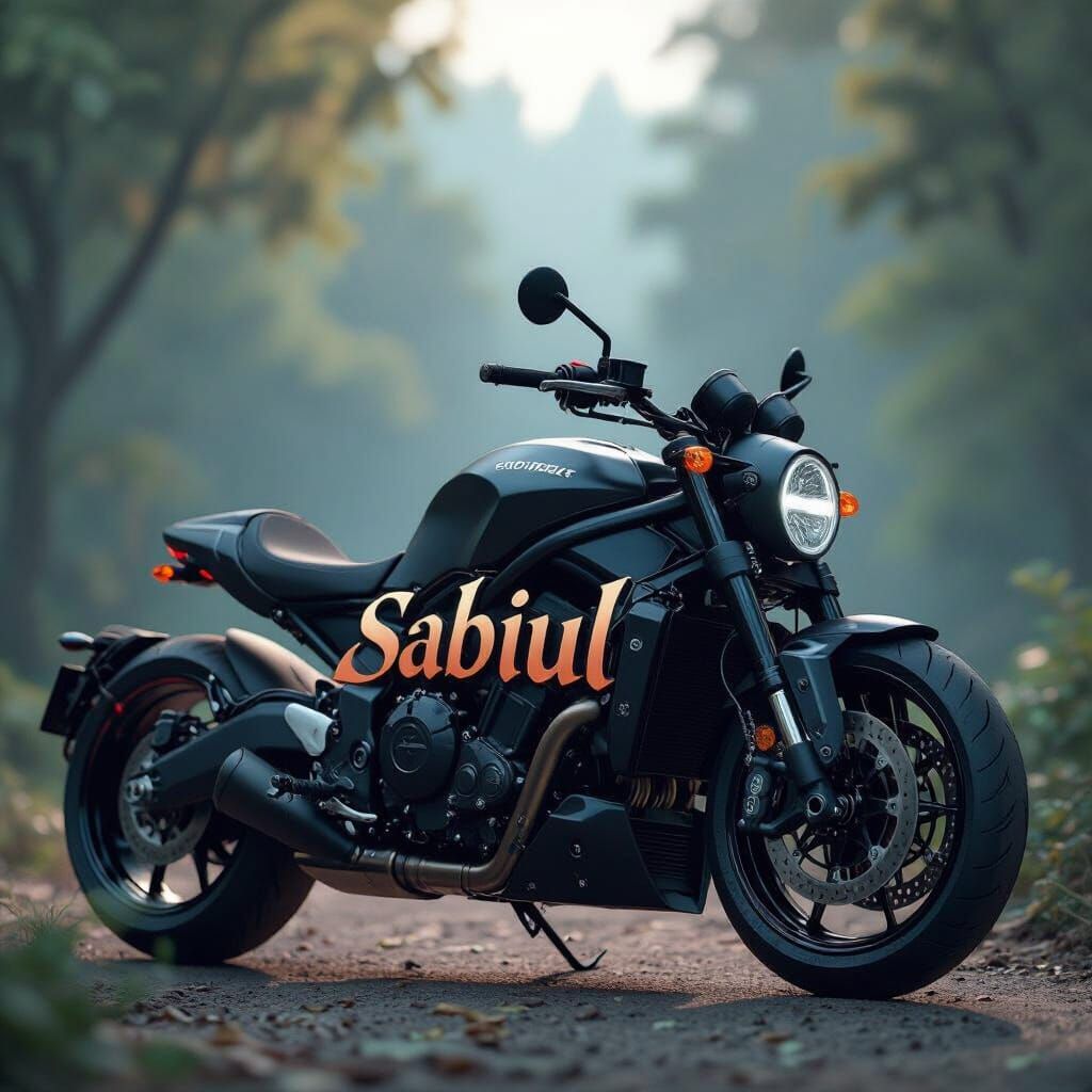 Modern Black Motorcycle with Artistic 'Sabiul' Font