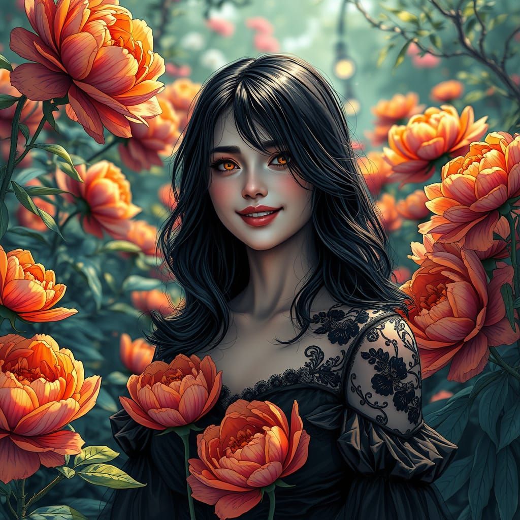 Ethereal Goddess Basks in Black and White Peony Garden