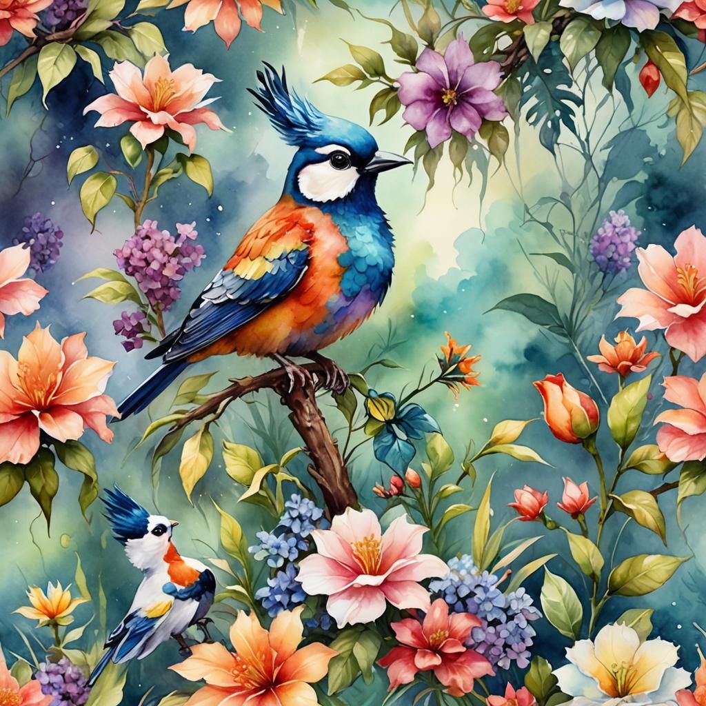Exotic Bird on Flower in Watercolor Pastel Style