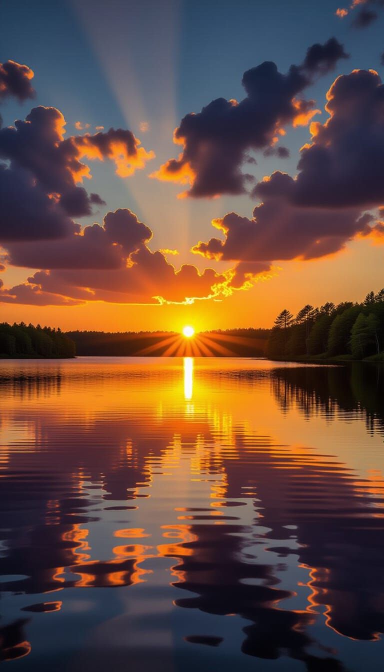 Golden Sunrise Over Calm Lake: Hyperrealistic Detail