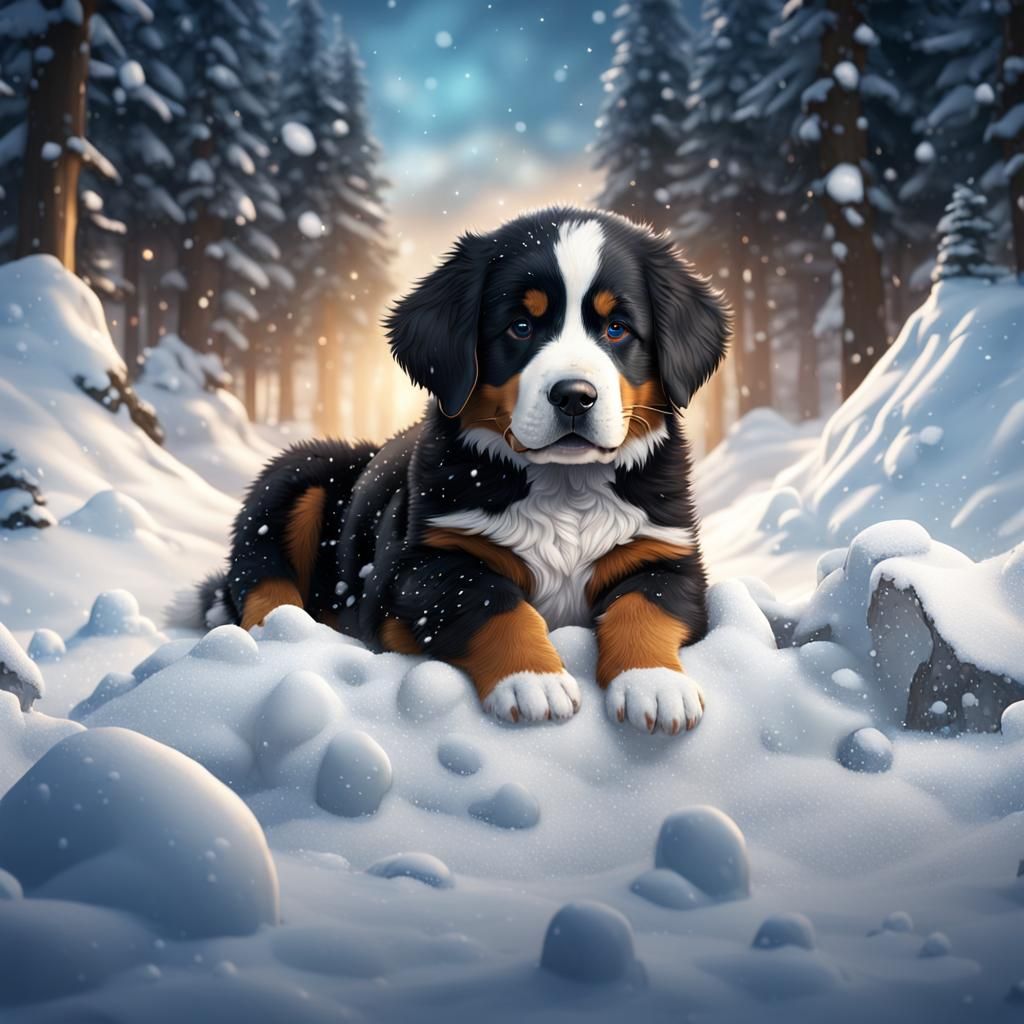 Cute Bernese Mountain Dog Puppy in Snow