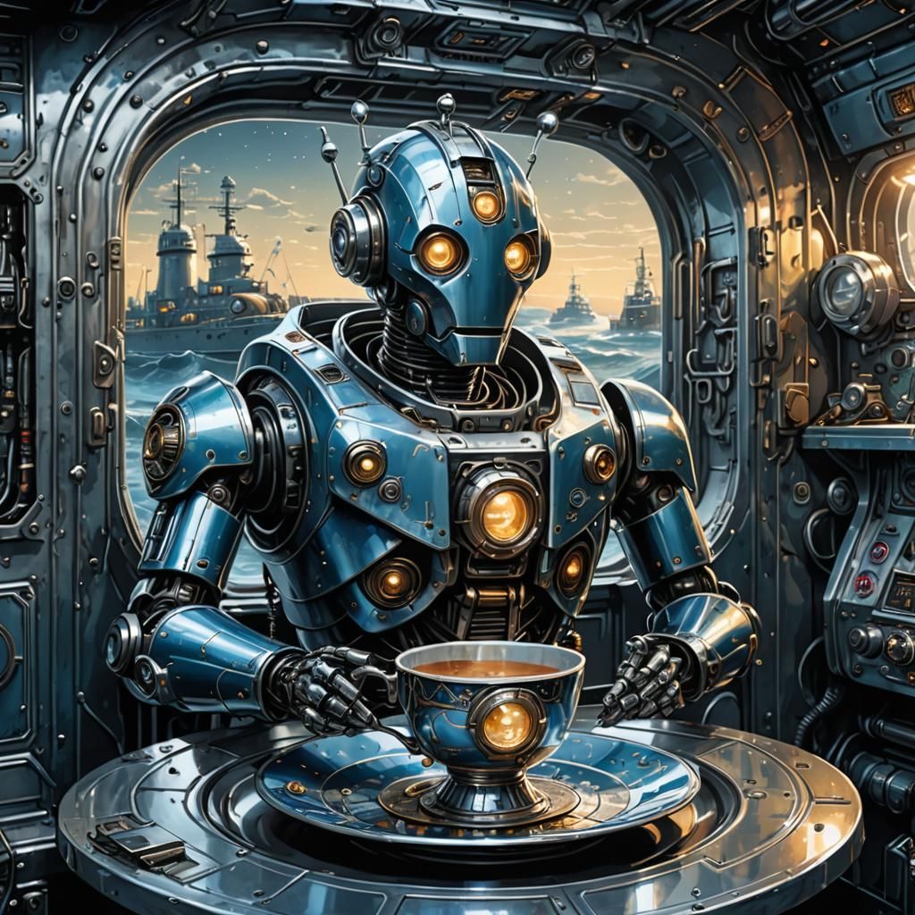 Robot Pilot in Teacup Spaceship, Comic Book Art