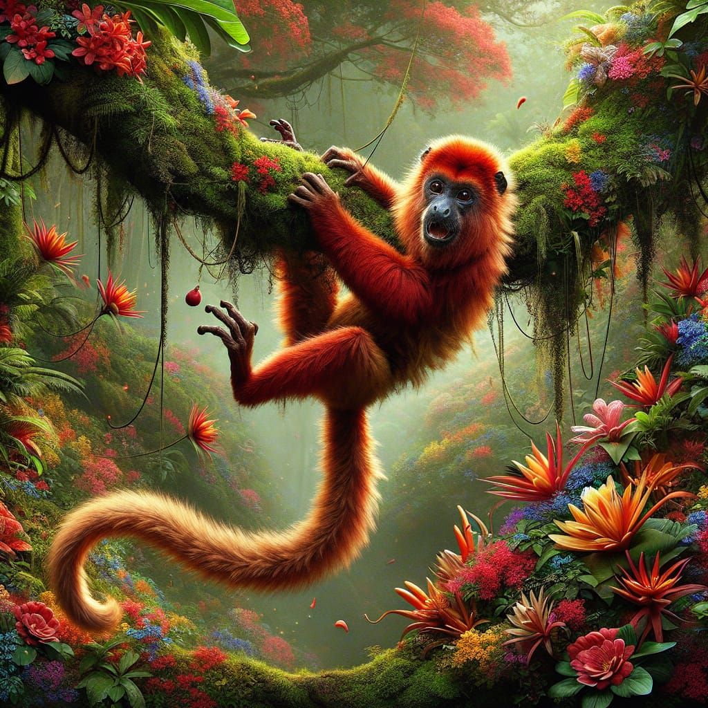 Red Howler Monkey in Dreamlike Jungle, Matte Painting