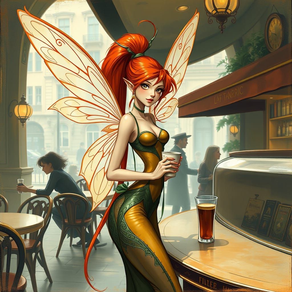 Art Nouveau Fairy Enjoying Coffee in Cafe