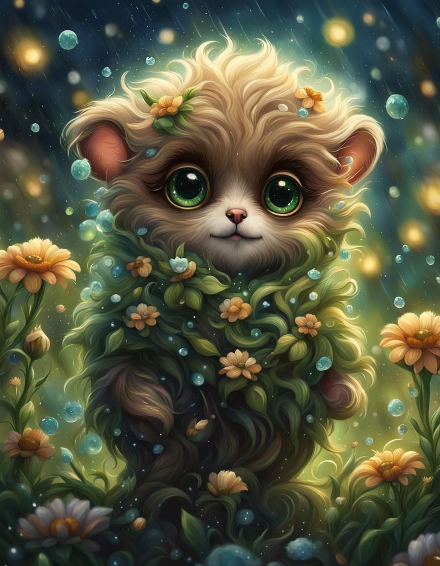 Fluffy Fantasy Creature in Flower Rain