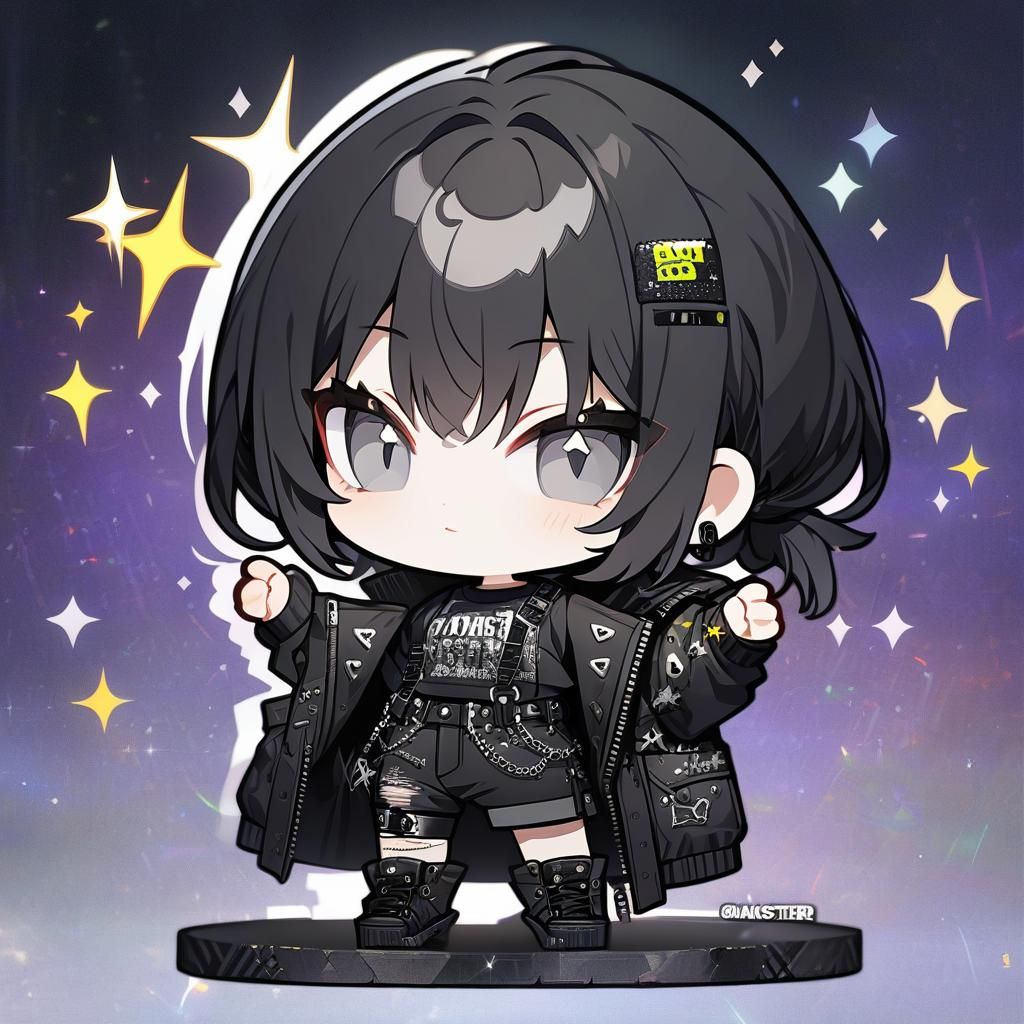 Chibi Girl with Black Hair and Grunge Style