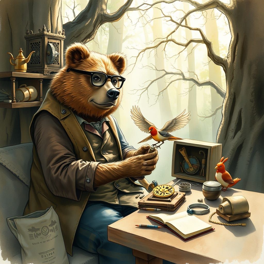 Bear Crafts Clockwork Bird in Sunlit Forest