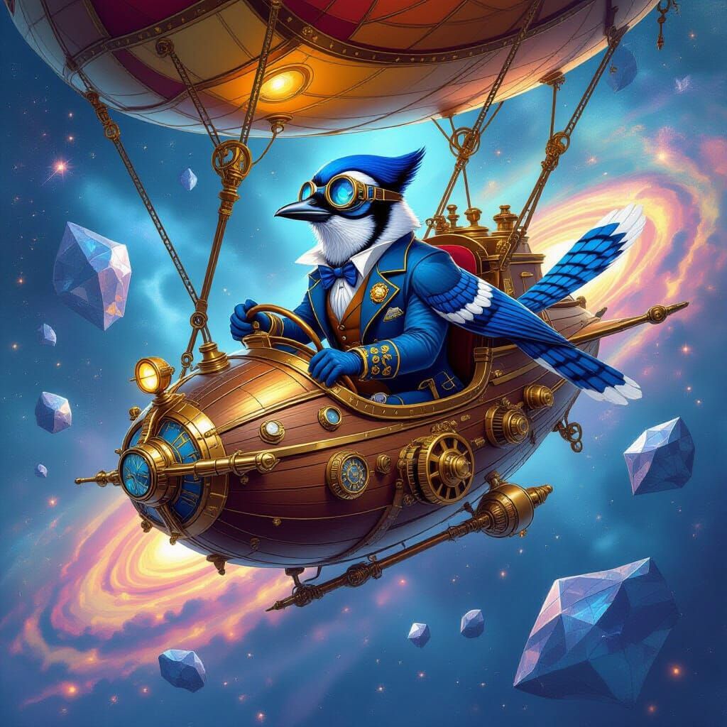 Steampunk Blue Jay Pilots Airship Through Nebula