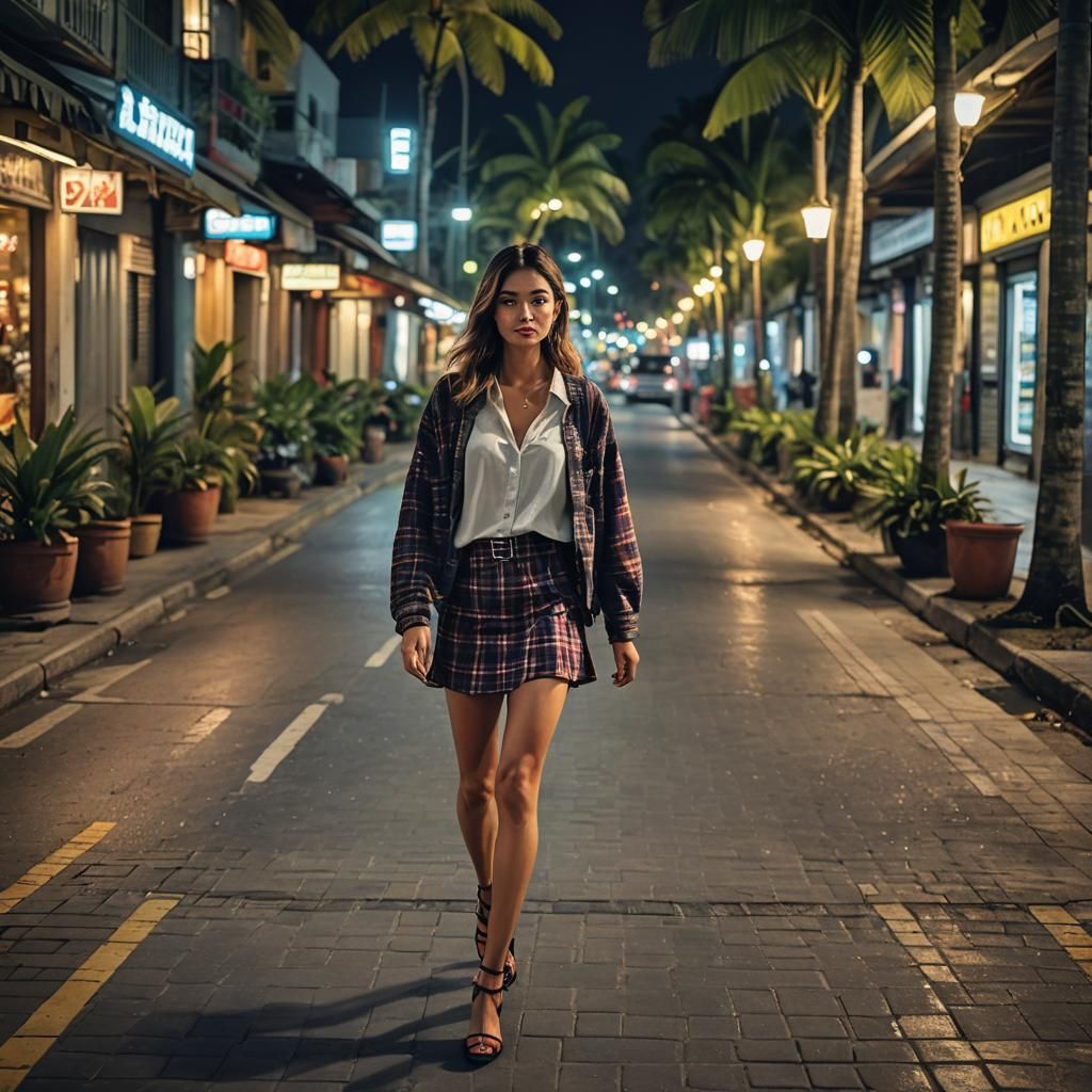 Woman in Plaid Skirt on Tropical Island Street