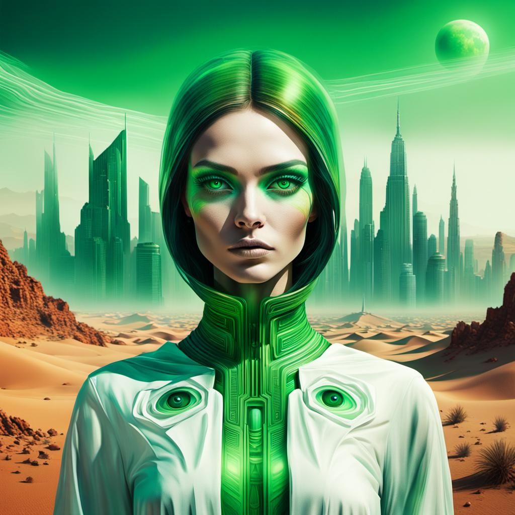 Martian Girl Portrait with Surreal Cityscape
