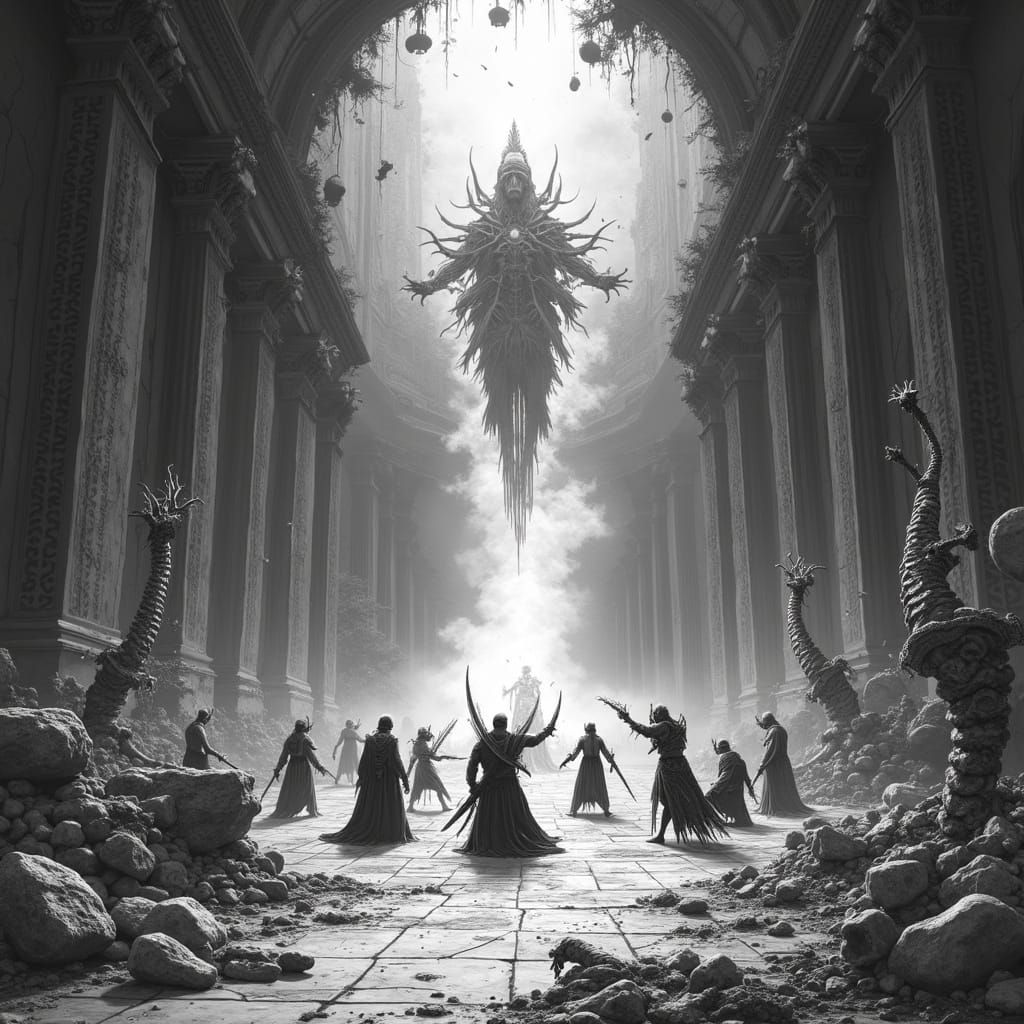 Surreal Horror Illustration in Fused Style of Mignola, Thorp...