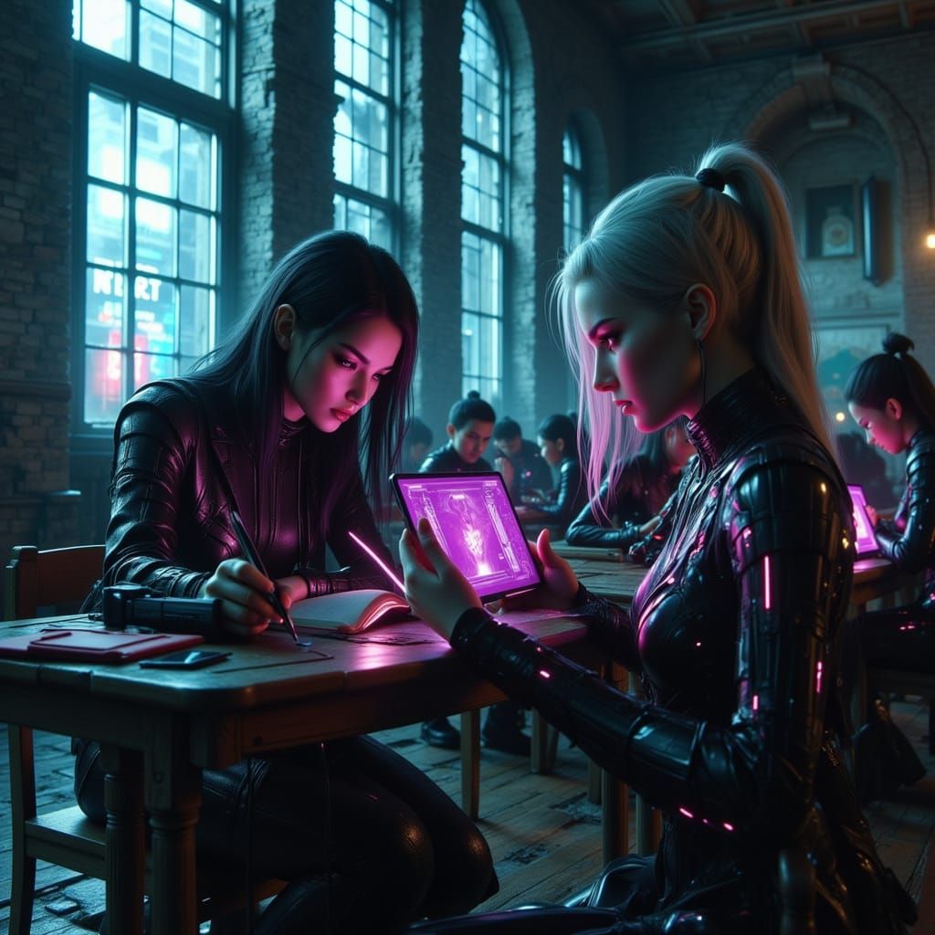 Cyberpunk Students in Ancient School, Whimsical Illustration