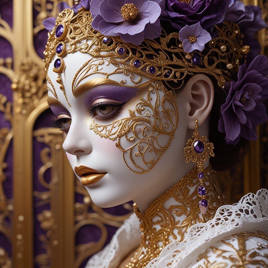 Ethereal Ceramic Doll in Dreamlike, Klimt-Inspired Style