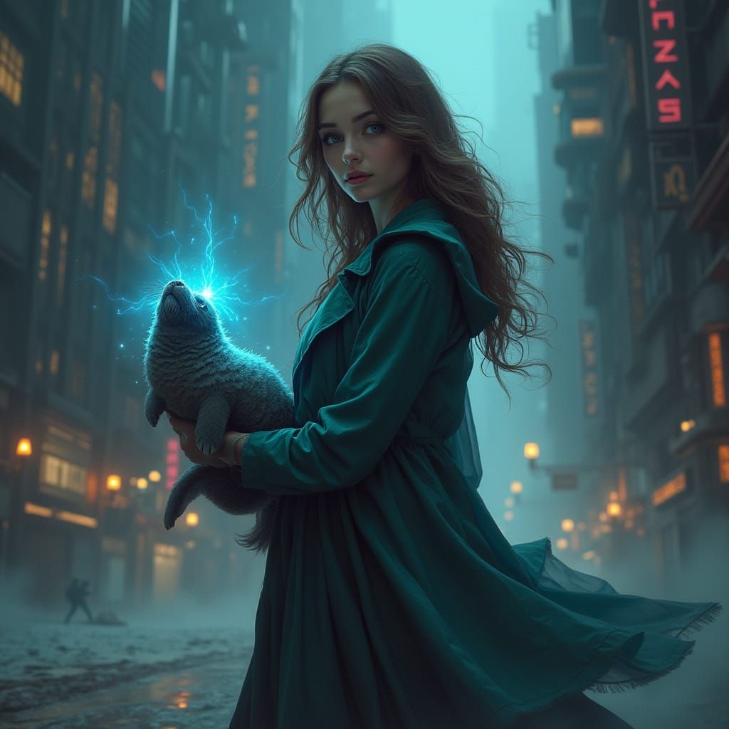 Young Woman Holds Glowing Seal in Urban Fantasy City