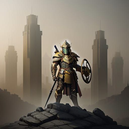 Spartan Warrior Stands Proud on Rocky Terrain with Ancient M...