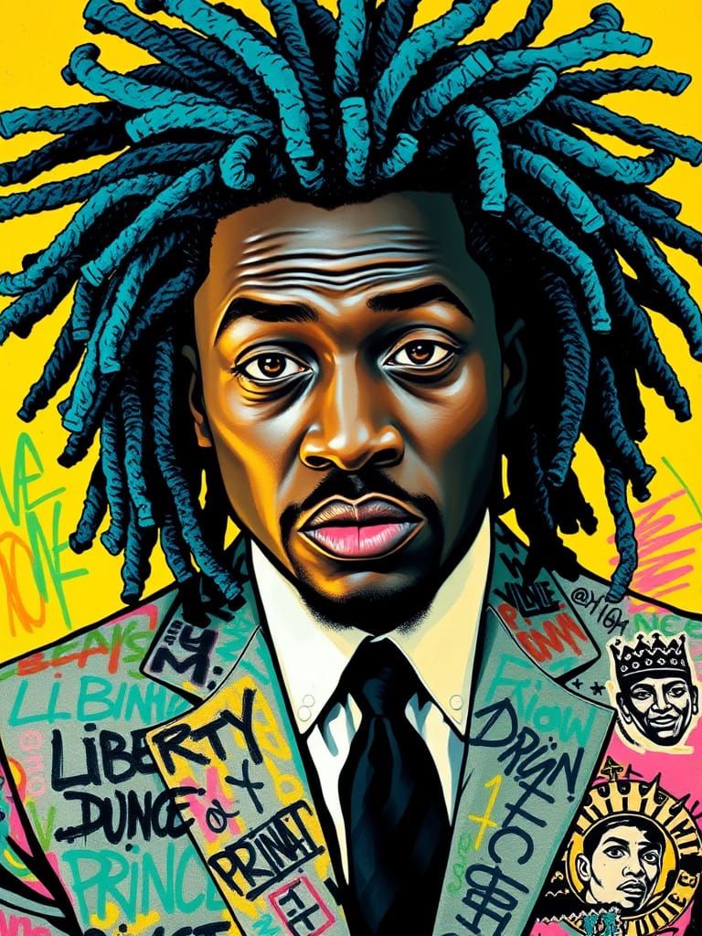 Vibrant Mixed-Media Portrait in Basquiat Style