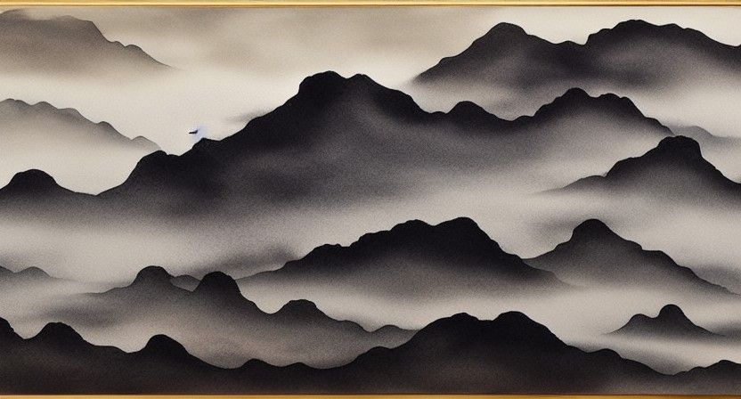 Sunrise Over Mountains in Chinese Ink Wash Painting