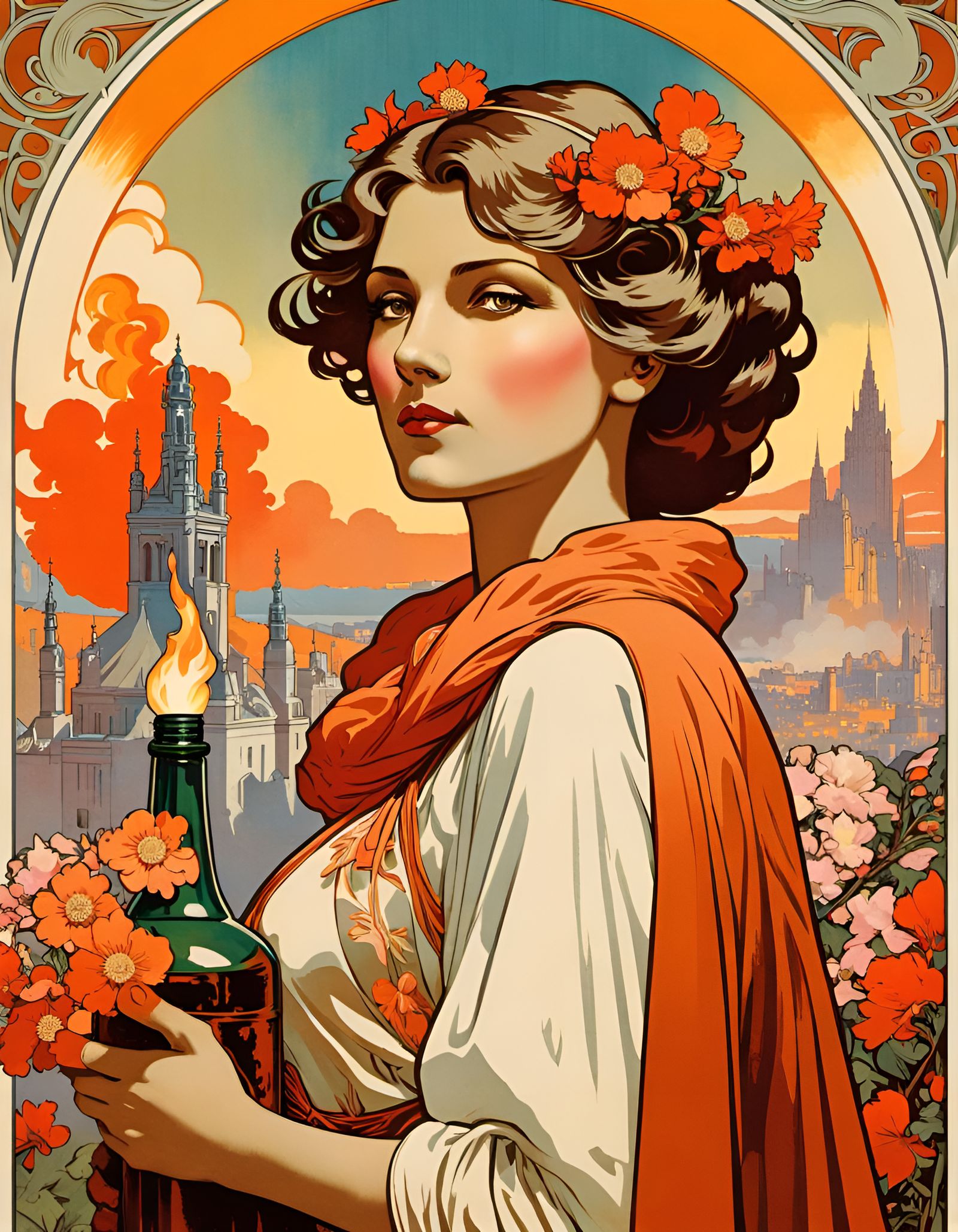 Heroic Woman with Molotov Cocktail in Soviet Poster Style