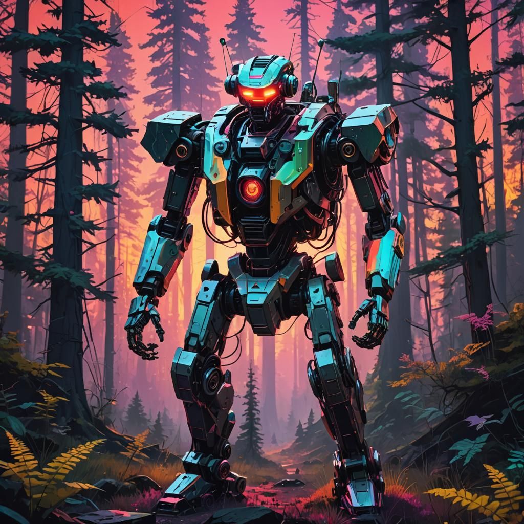 Glitchcore Robot in Forest Neon Sunset