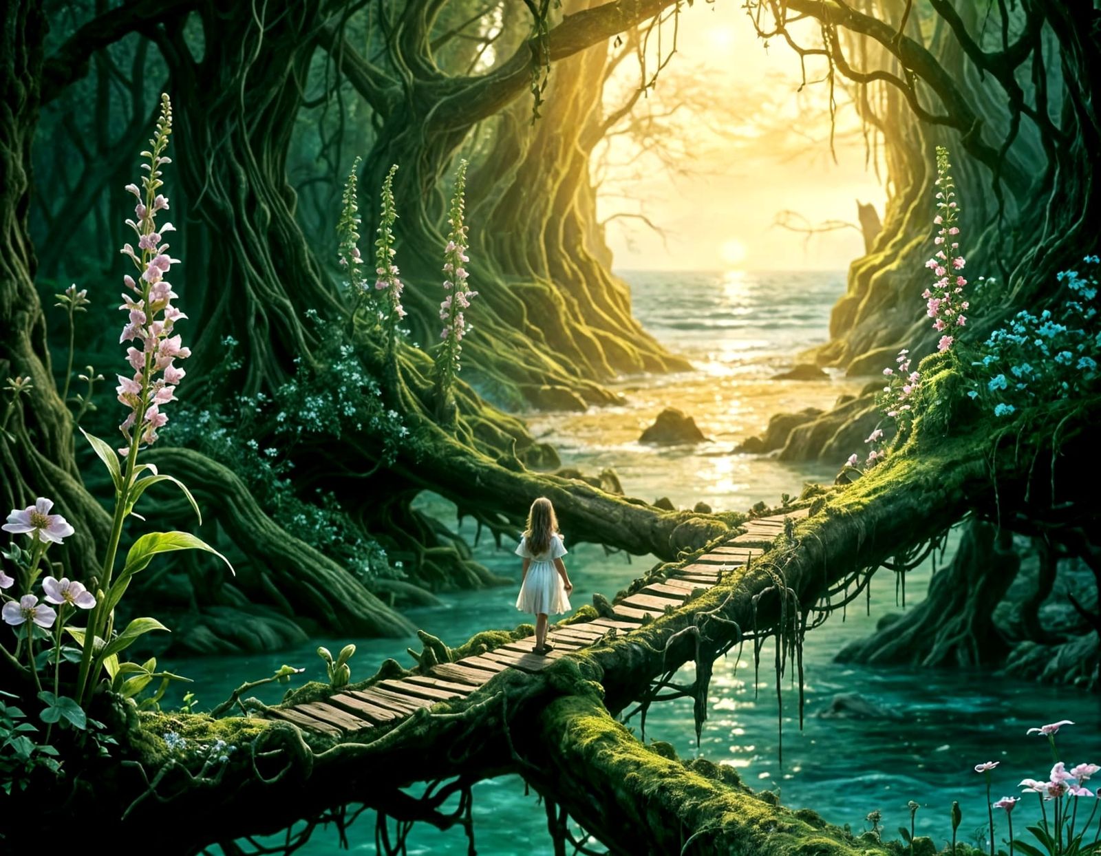 Fairy Girl Walks Through Vibrant Forest in Whimsical Digital...