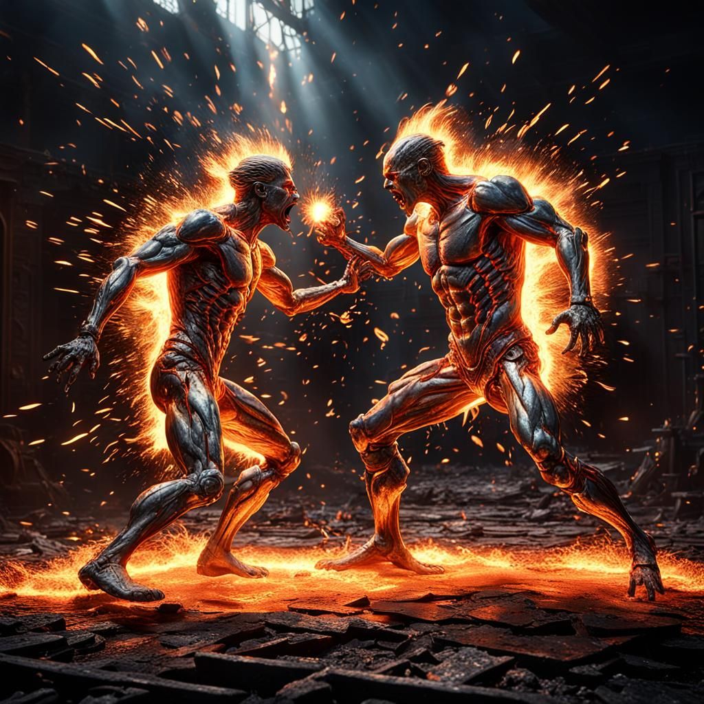 Fiery Lovers' Battle in Molten Metal, 3D Render