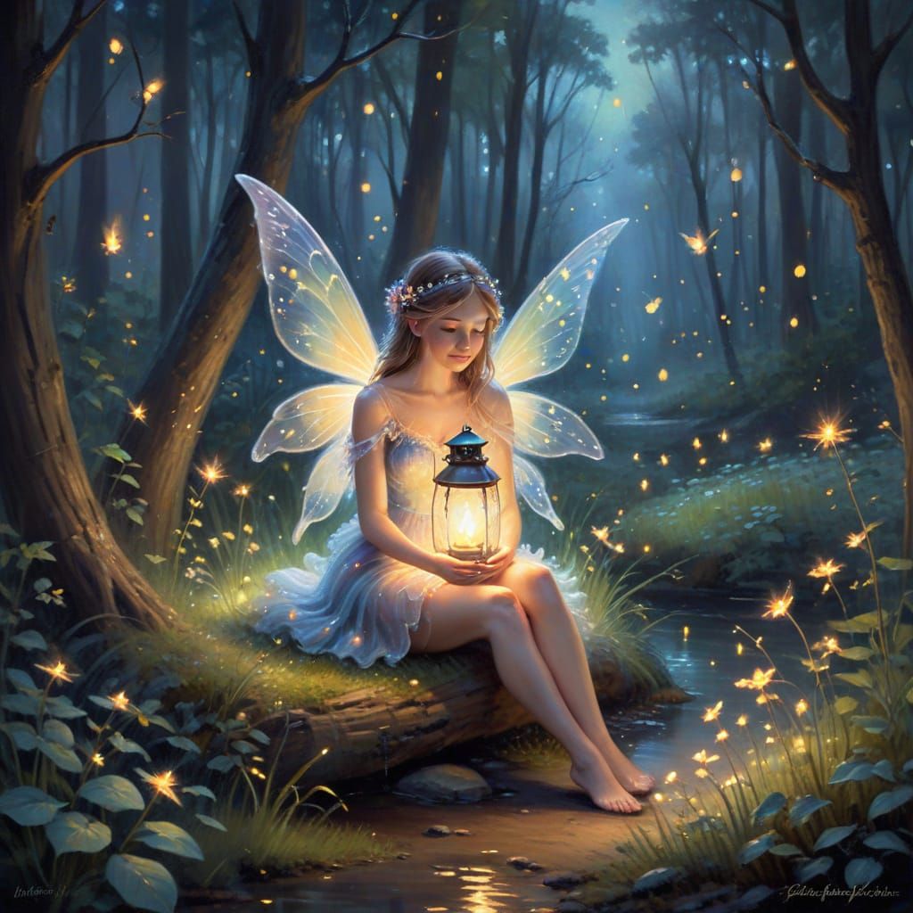 Impressionist Fairy with Candle Lantern in Forest