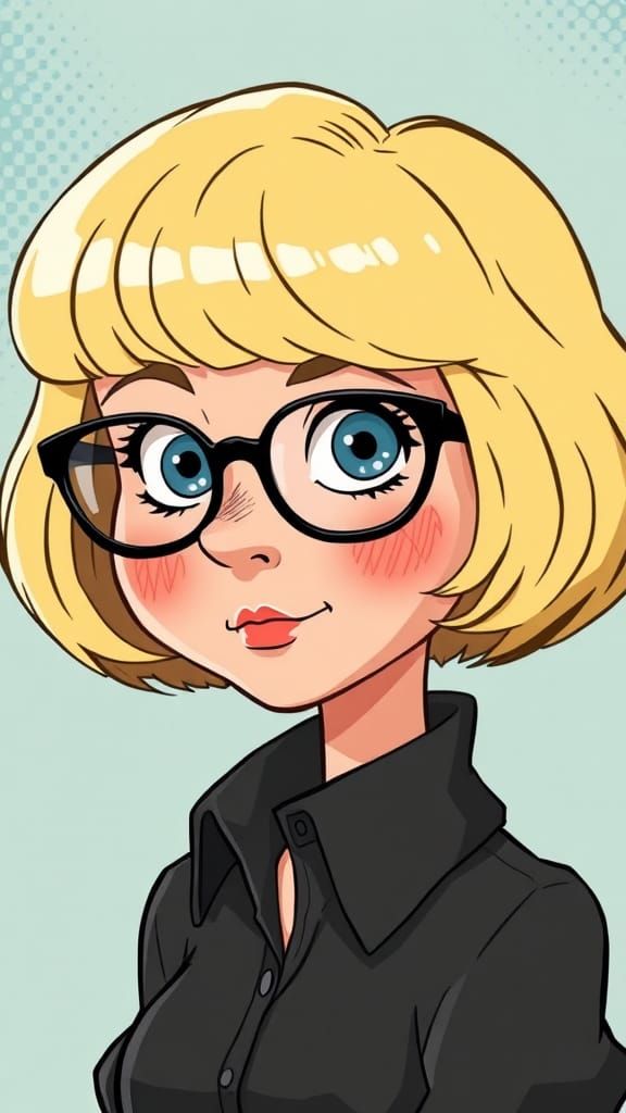 Cartoon Louise , short blonde wave bob hairstyle, glasses, b...