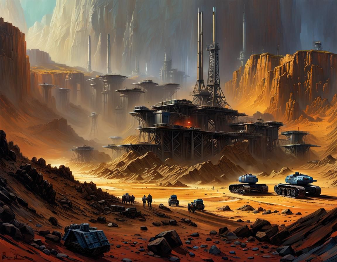 Grimdark Sci-Fi Mining Operation as Oil Painting