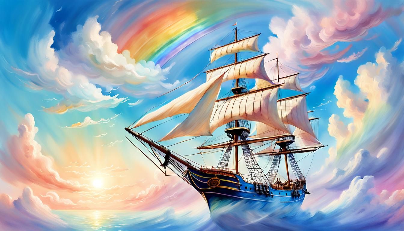 Frigate-Shaped Clouds Sail Rainbow Sky: Whimsical Fantasy Ar...