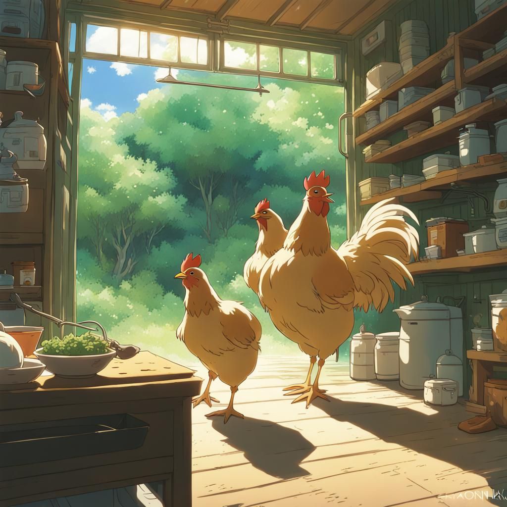 Lesbian Chickens in Studio Ghibli Anime Style